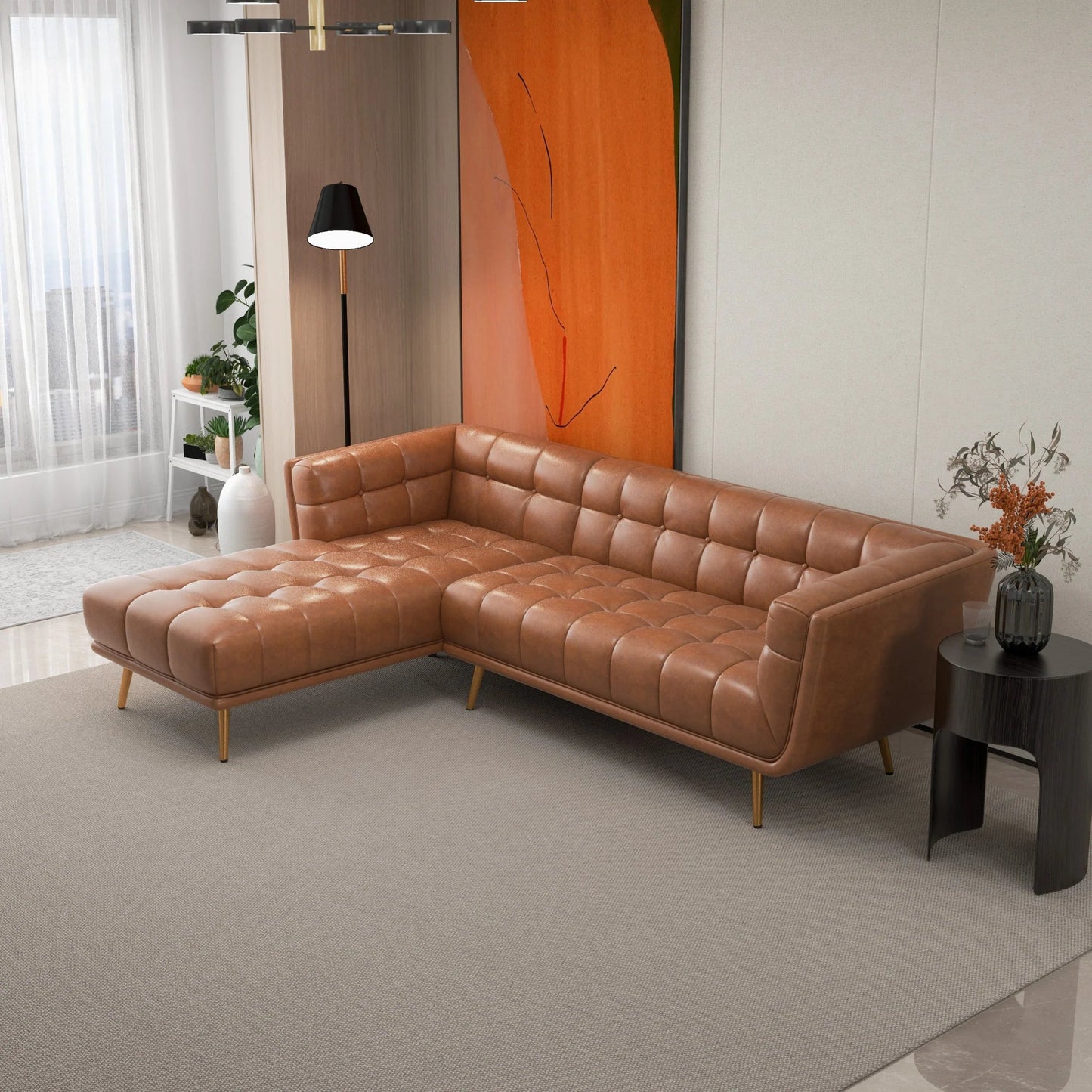 ‘Addison’ L-Shape Cognac Leather Sectional Sofa (Left Facing Chaise) - EcoLuxe Furnishings