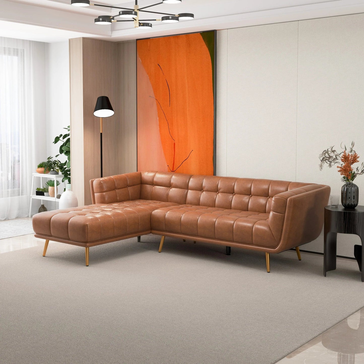 ‘Addison’ L-Shape Cognac Leather Sectional Sofa (Left Facing Chaise) - EcoLuxe Furnishings