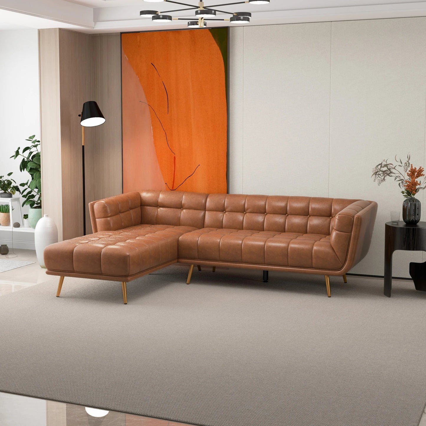 ‘Addison’ L-Shape Cognac Leather Sectional Sofa (Left Facing Chaise) - EcoLuxe Furnishings