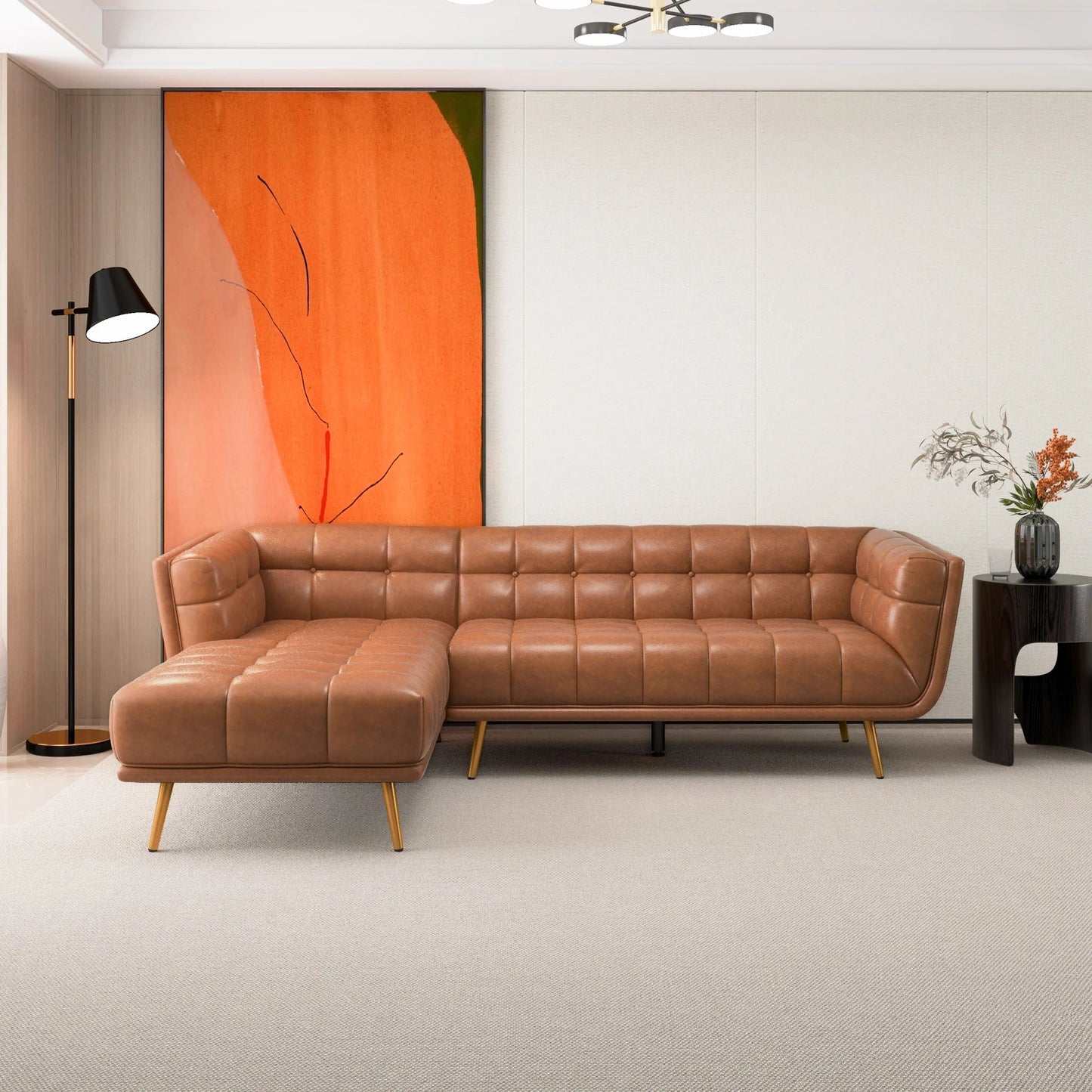 ‘Addison’ L-Shape Cognac Leather Sectional Sofa (Left Facing Chaise) - EcoLuxe Furnishings