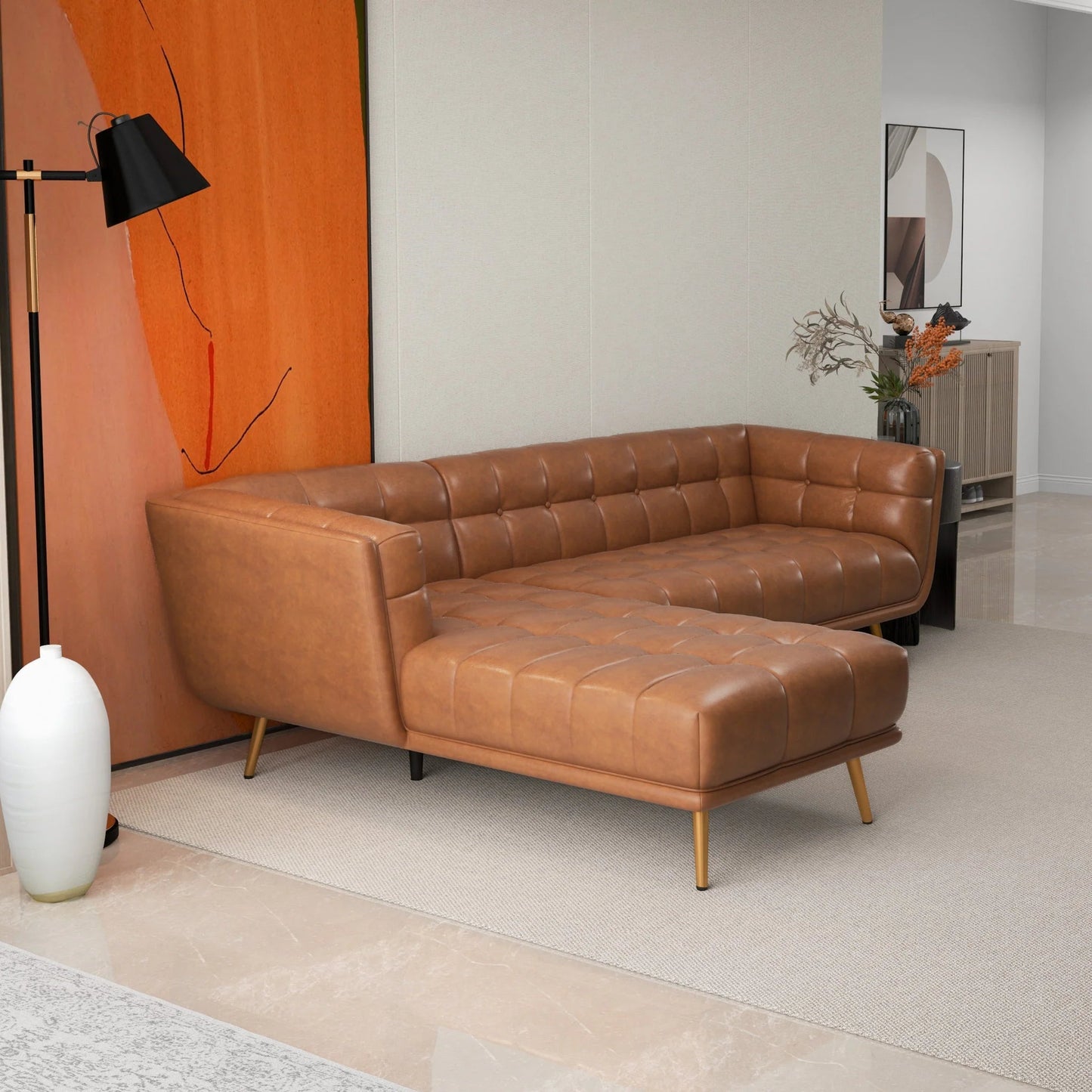 ‘Addison’ L-Shape Cognac Leather Sectional Sofa (Left Facing Chaise) - EcoLuxe Furnishings