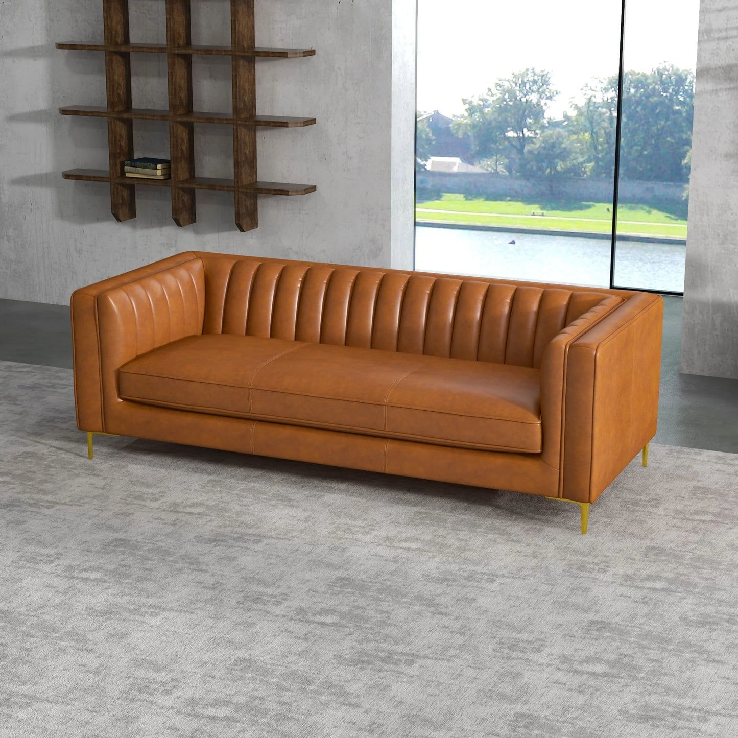 ‘Angelina’ Genuine Leather Sofa (Cognac) - EcoLuxe Furnishings