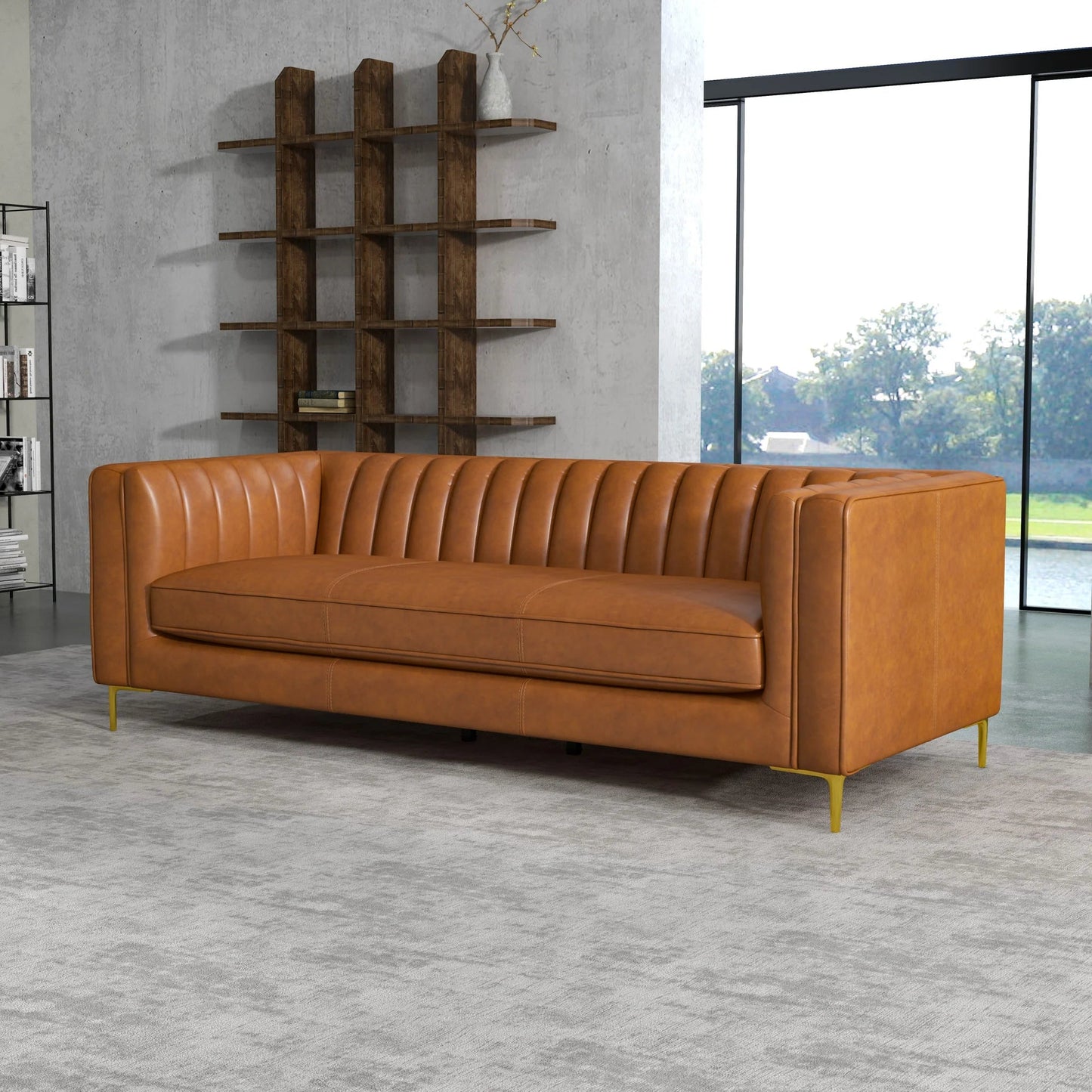 ‘Angelina’ Genuine Leather Sofa (Cognac) - EcoLuxe Furnishings