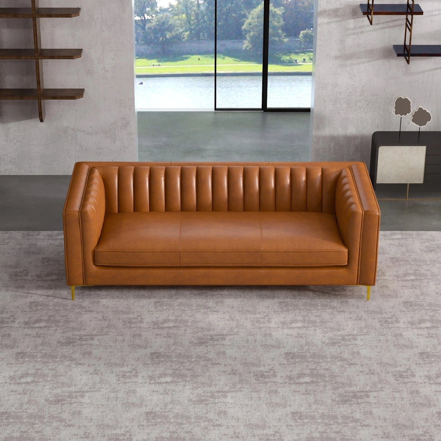 ‘Angelina’ Genuine Leather Sofa (Cognac) - EcoLuxe Furnishings
