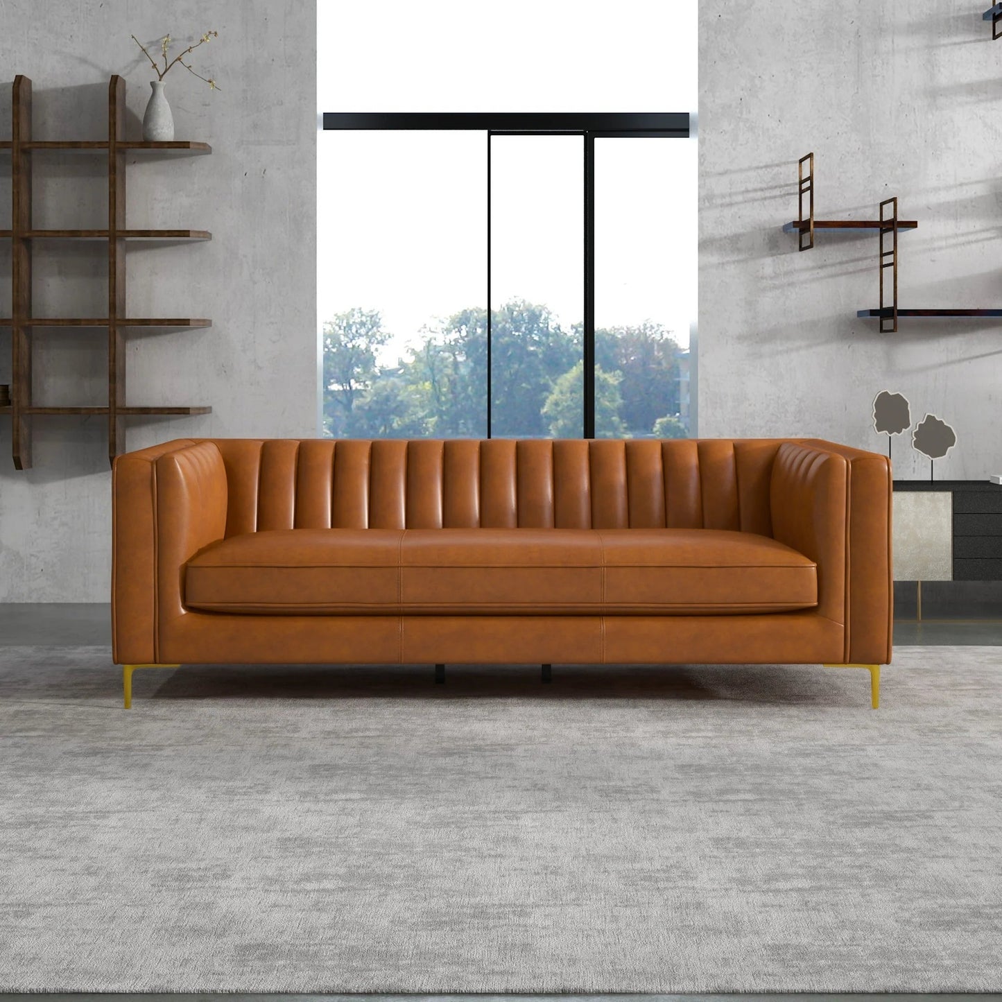 ‘Angelina’ Genuine Leather Sofa (Cognac) - EcoLuxe Furnishings