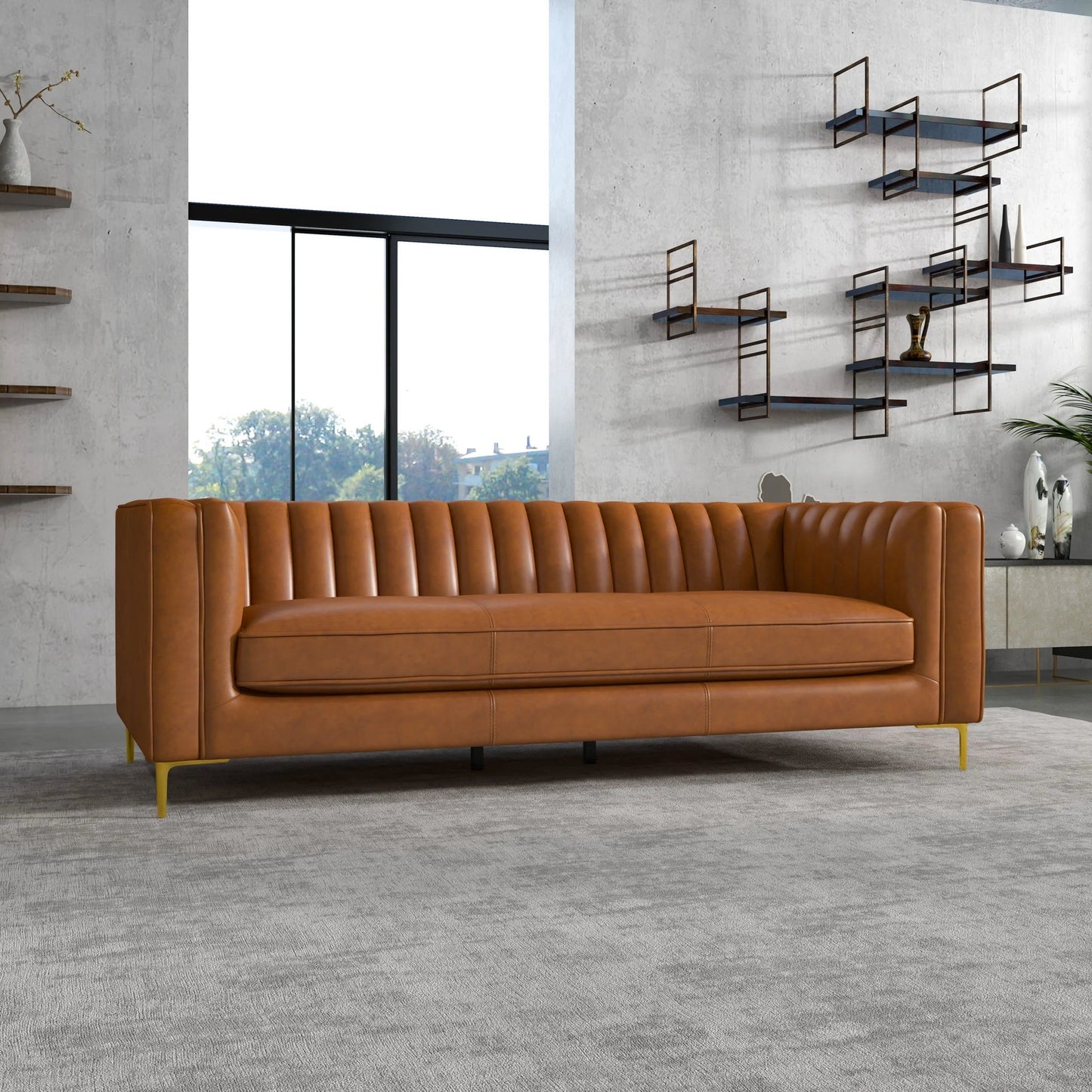 ‘Angelina’ Genuine Leather Sofa (Cognac) - EcoLuxe Furnishings