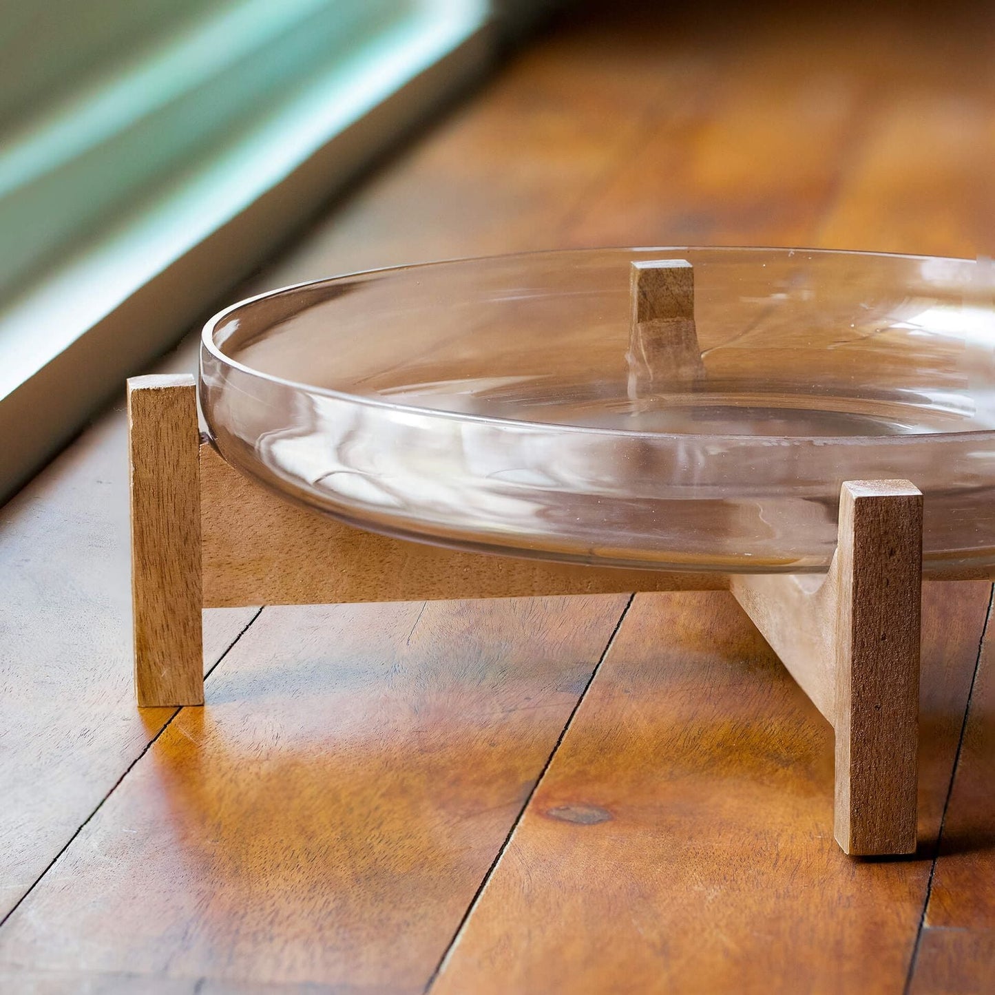 Clear Glass Bowl w/Wooden Stand - EcoLuxe Furnishings