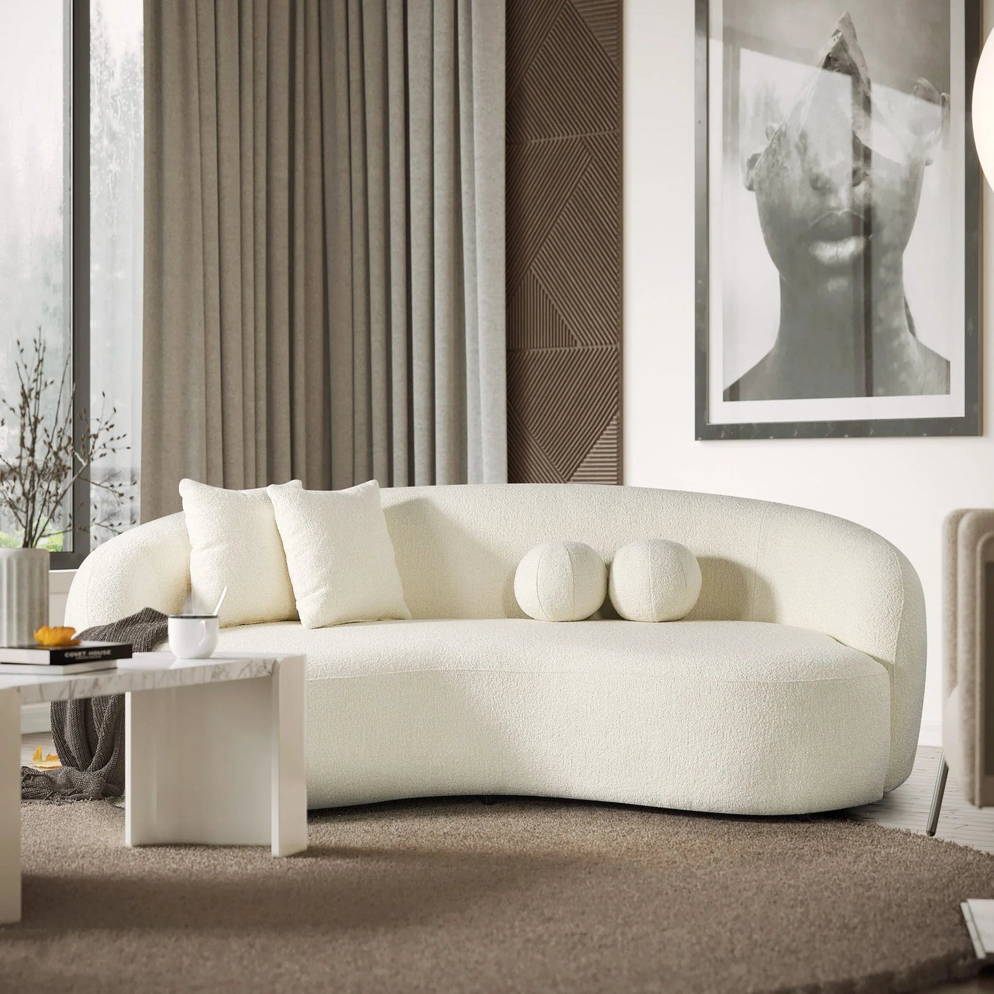 ‘Drake’ Japandi Curvy Sofa (White Boucle) - EcoLuxe Furnishings