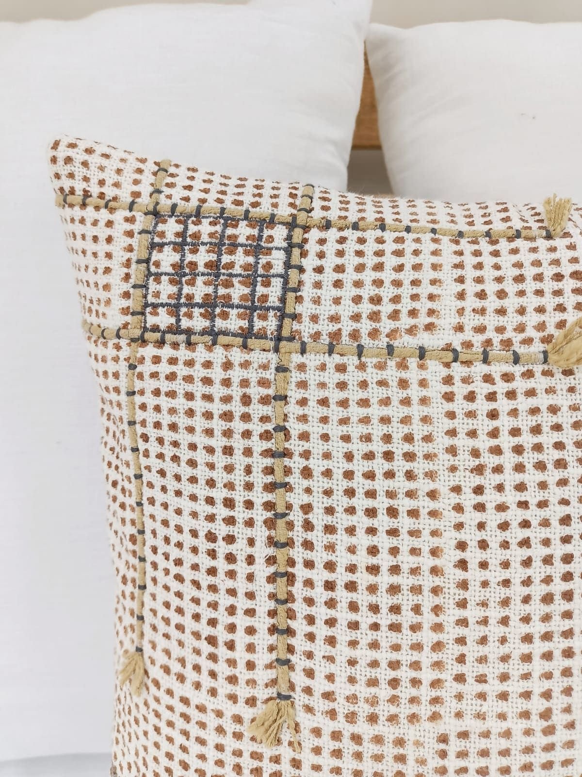 ‘Yati’ Printed Embroidery Pillow Cover (Beige) - EcoLuxe Furnishings