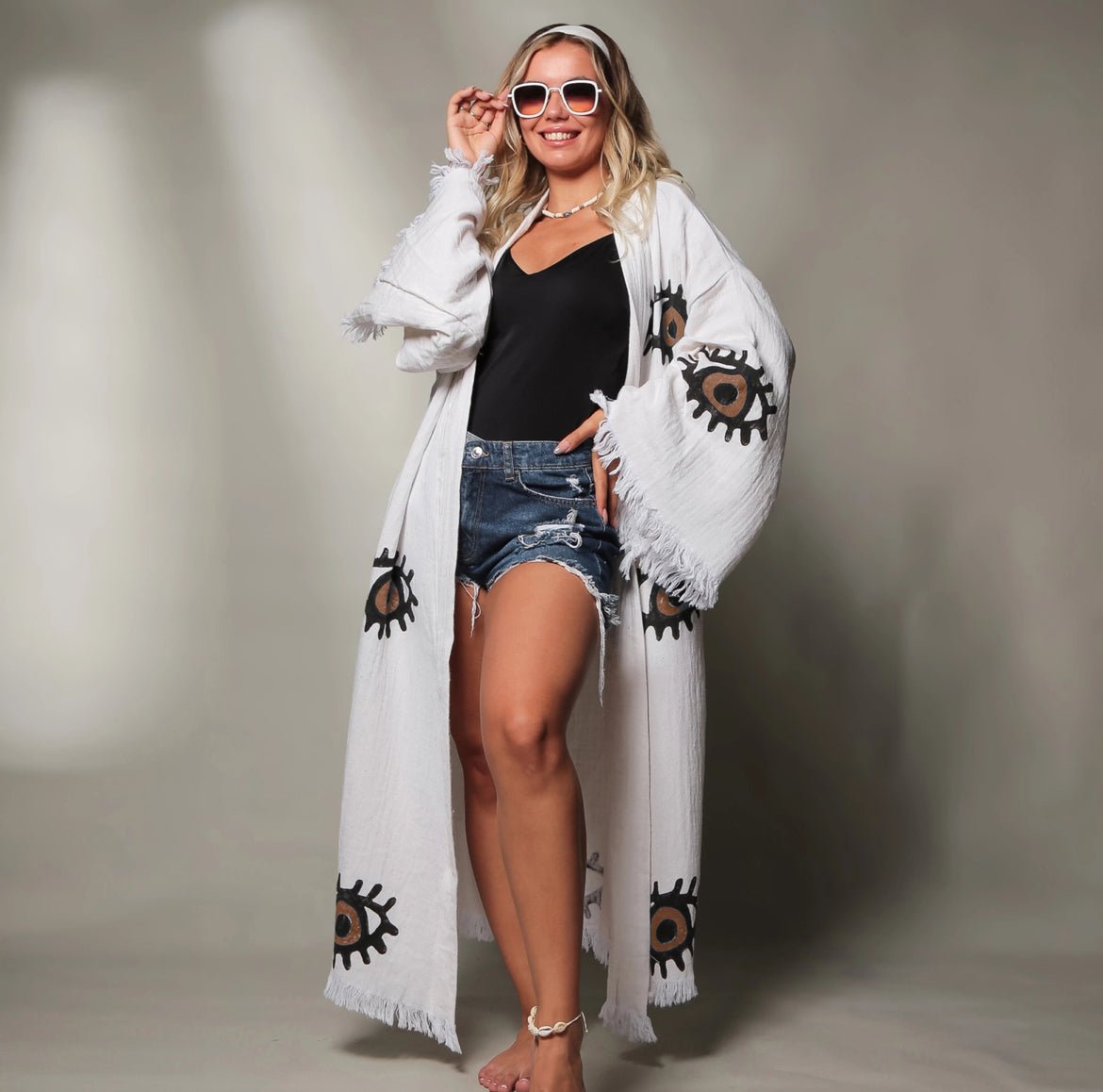 ‘Brown Evil Eye’ Kaftan Kimono Robe - EcoLuxe Furnishings