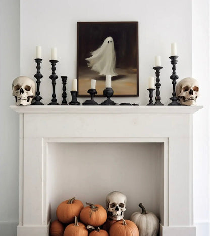 ‘Cute Vintage Flying Ghost’ On Black Halloween Art Print - EcoLuxe Furnishings