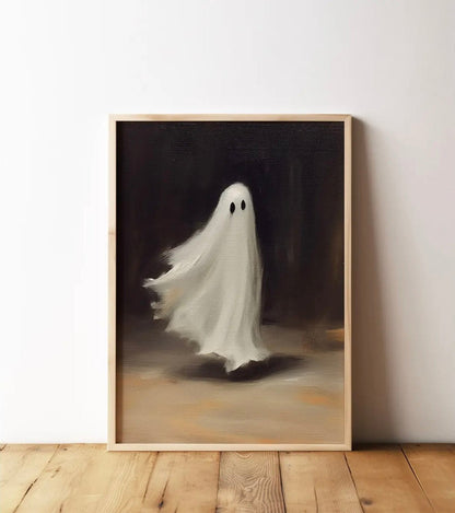 ‘Cute Vintage Flying Ghost’ On Black Halloween Art Print - EcoLuxe Furnishings