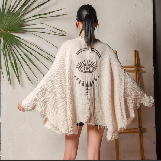 ‘Evil Eye’ Muslin Kimono Robe / Poncho - EcoLuxe Furnishings