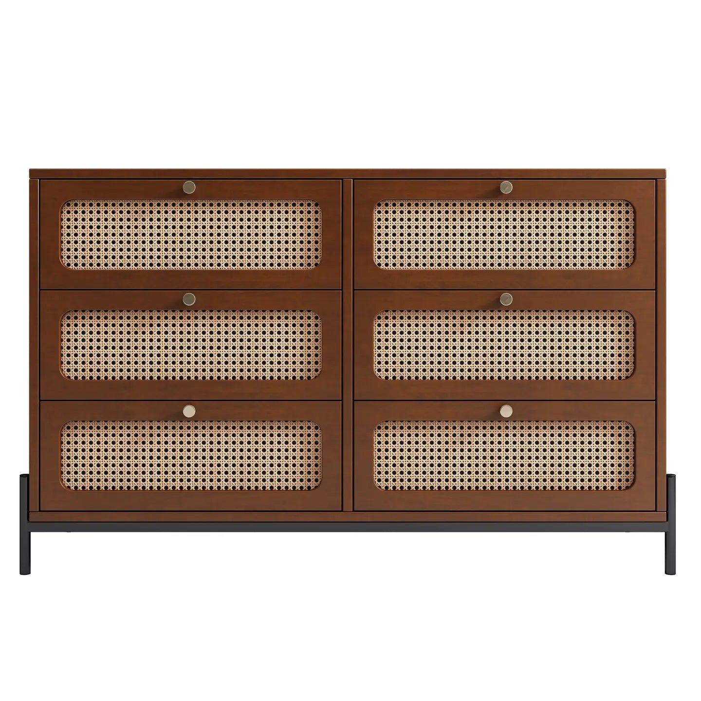 Modern Cannage Rattan Wood 6 - Drawer Dresser (Walnut) - EcoLuxe Furnishings