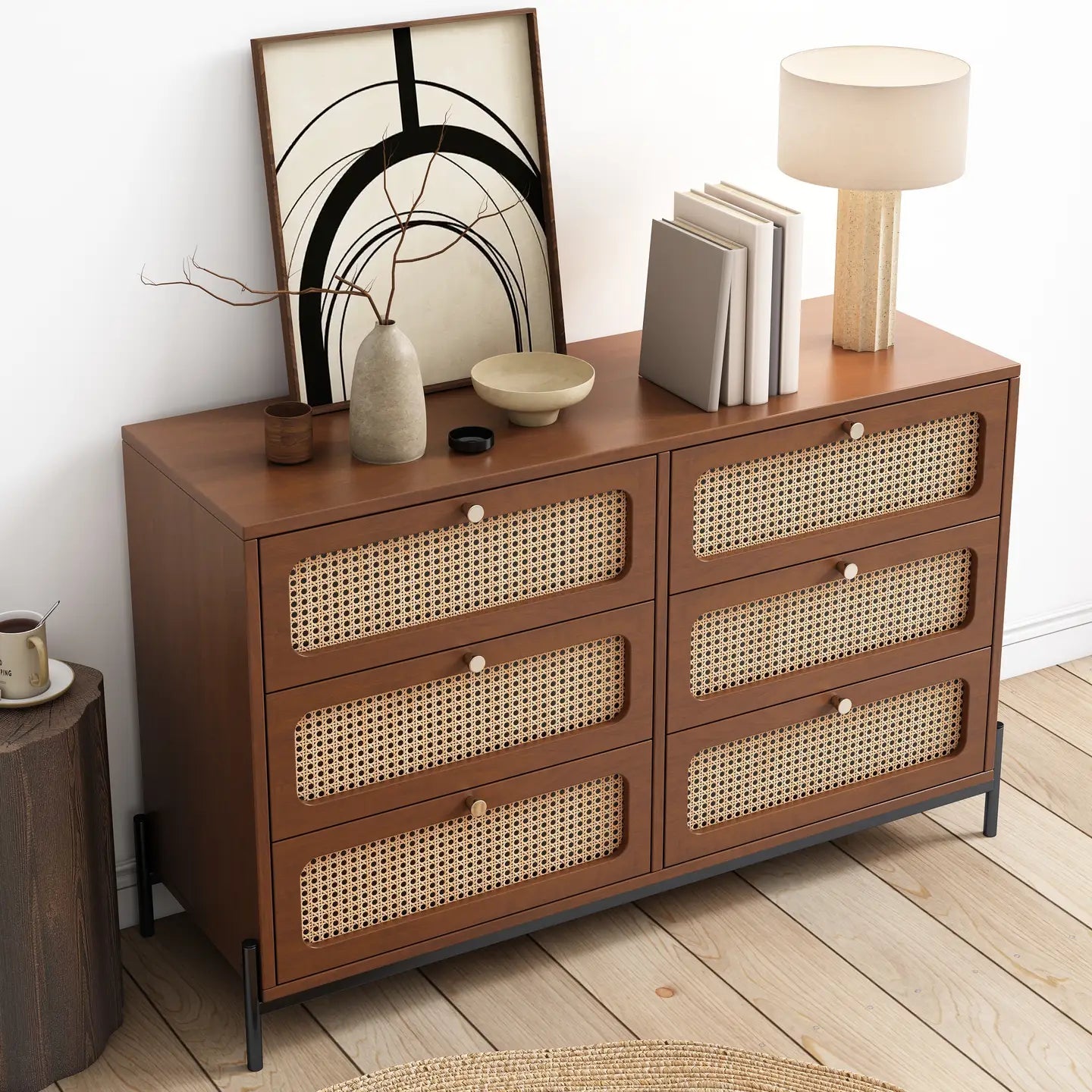 Modern Cannage Rattan Wood 6 - Drawer Dresser (Walnut) - EcoLuxe Furnishings