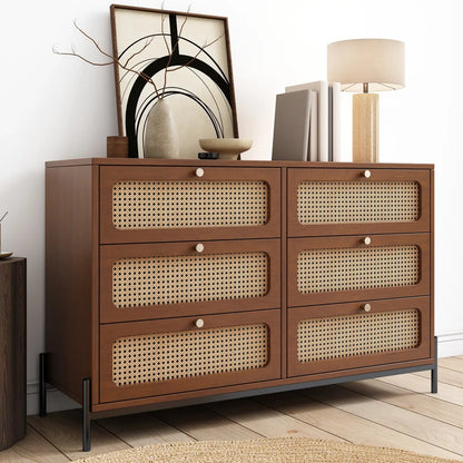 Modern Cannage Rattan Wood 6 - Drawer Dresser (Walnut) - EcoLuxe Furnishings