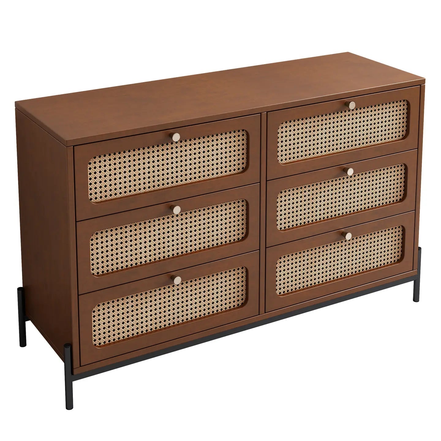 Modern Cannage Rattan Wood 6 - Drawer Dresser (Walnut) - EcoLuxe Furnishings