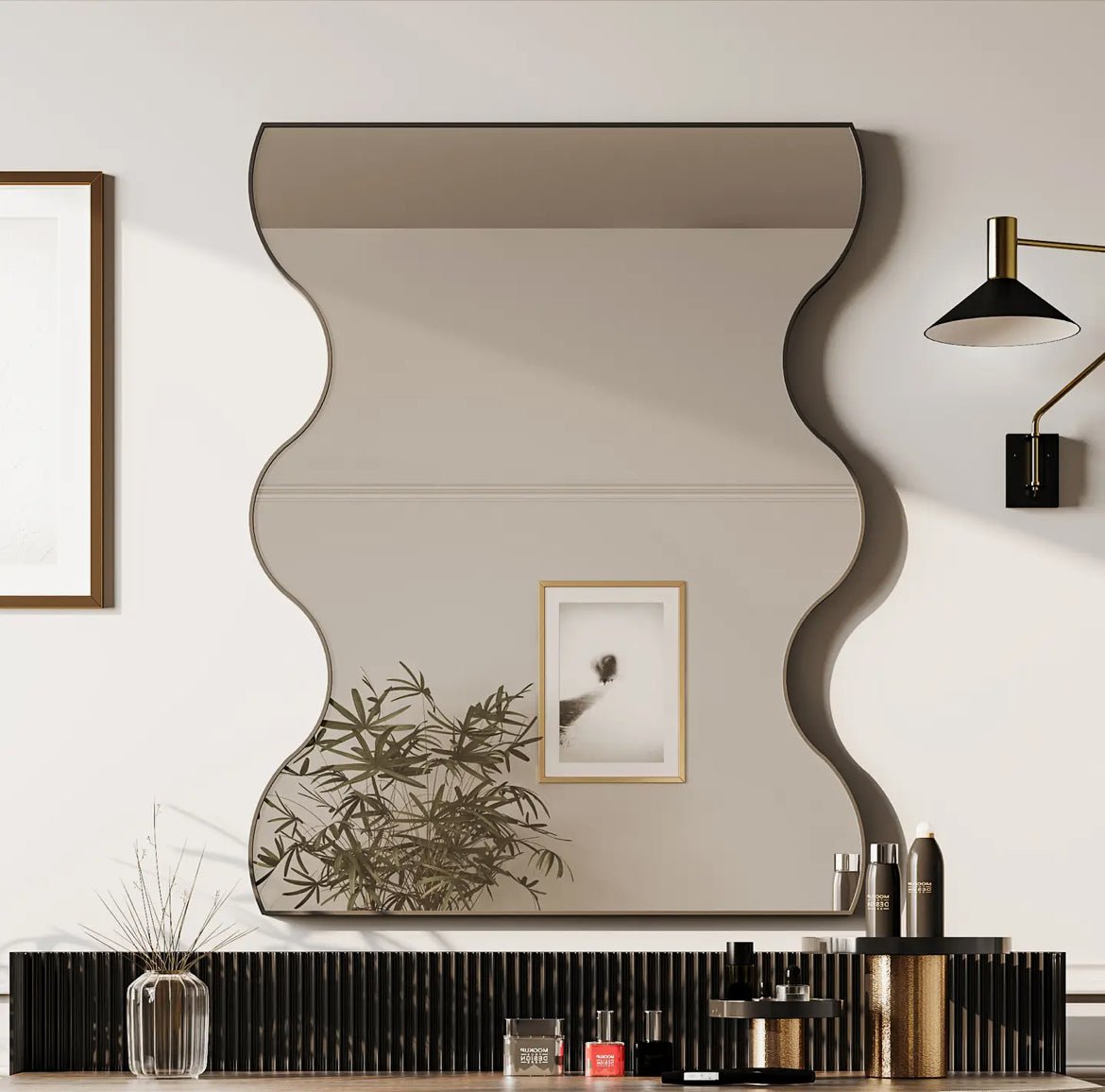 Rectangular Wall Mirror w/Wavy Sides, 30”x35”(Black) - EcoLuxe Furnishings