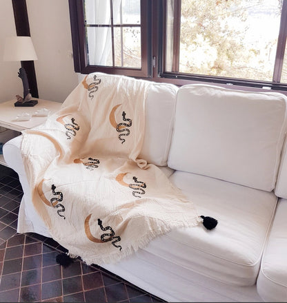 ‘Snake + Moon’ Throw Blanket w/Pom Pom - EcoLuxe Furnishings