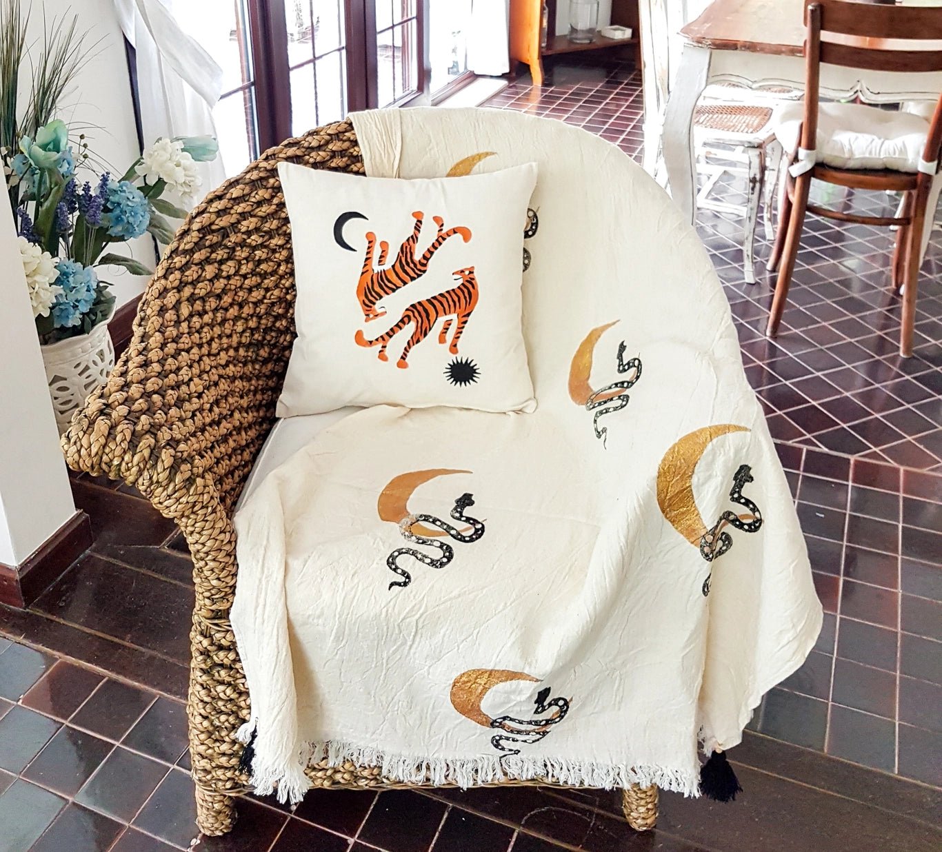 ‘Snake + Moon’ Throw Blanket w/Pom Pom - EcoLuxe Furnishings