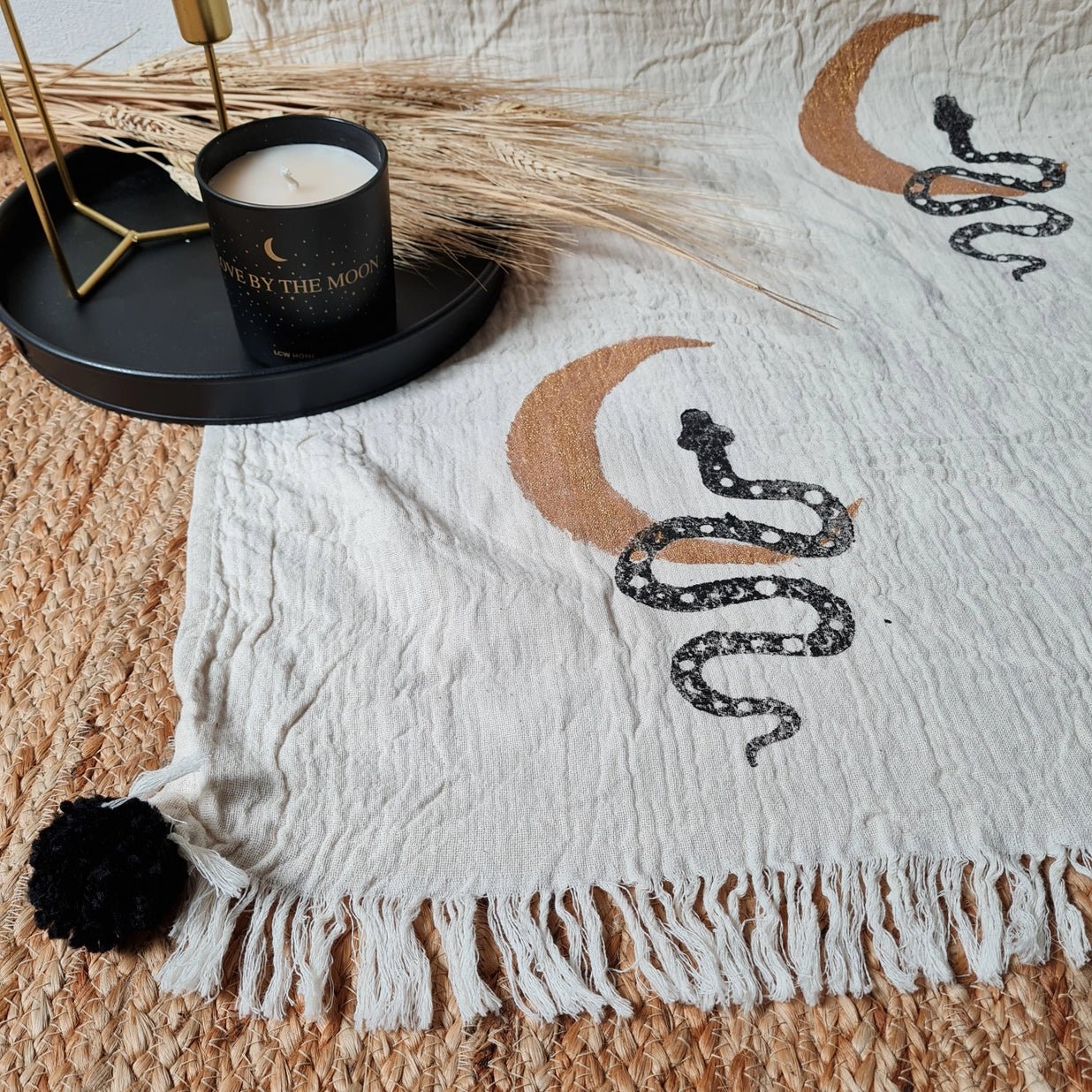 ‘Snake + Moon’ Throw Blanket w/Pom Pom - EcoLuxe Furnishings