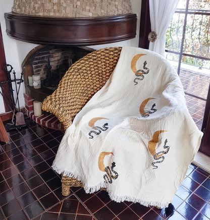 ‘Snake + Moon’ Throw Blanket w/Pom Pom - EcoLuxe Furnishings