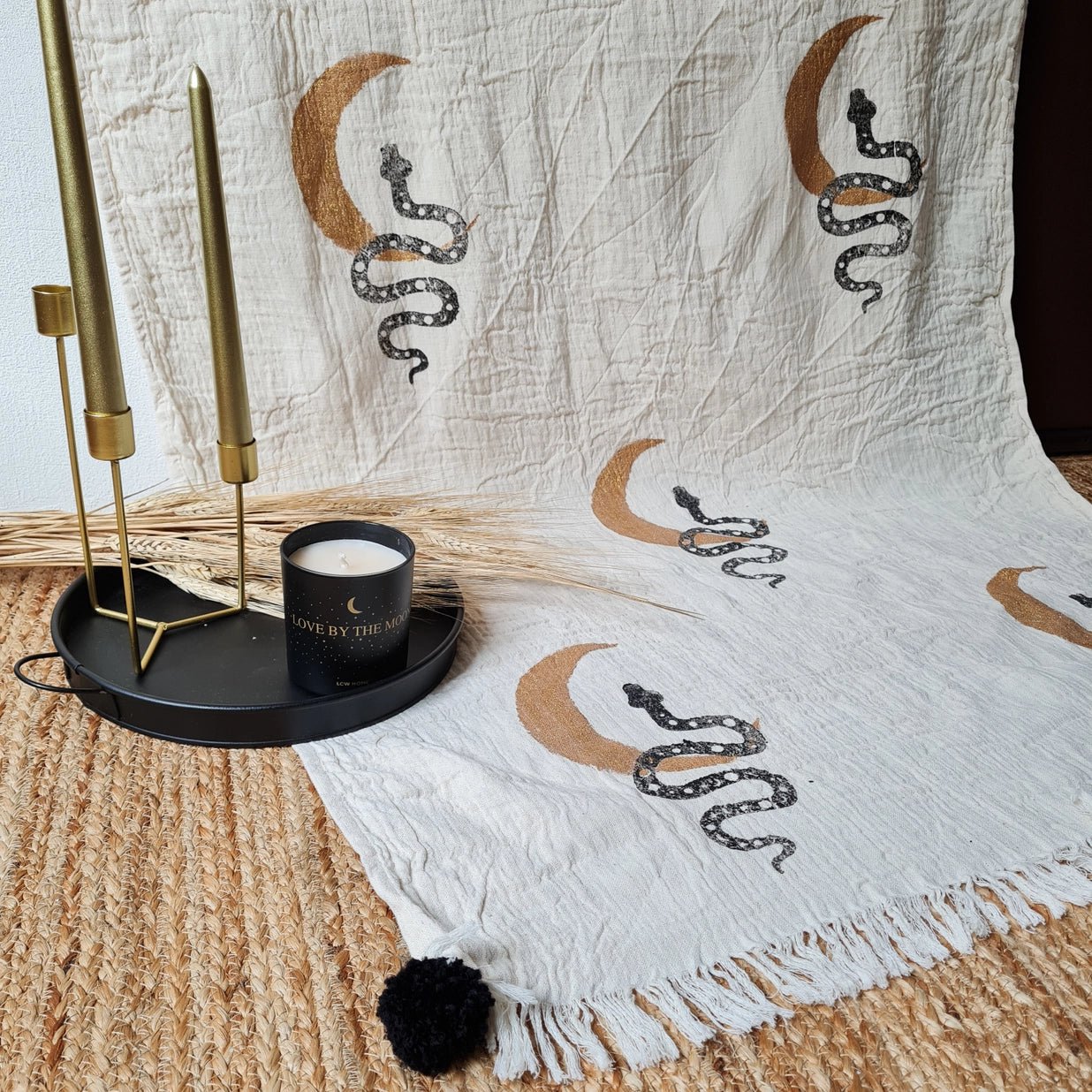 ‘Snake + Moon’ Throw Blanket w/Pom Pom - EcoLuxe Furnishings