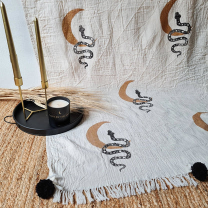 ‘Snake + Moon’ Throw Blanket w/Pom Pom - EcoLuxe Furnishings