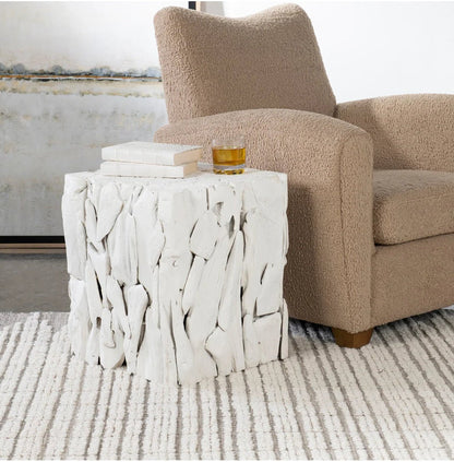 ‘Teak Root Bunching’ Cube, White - EcoLuxe Furnishings