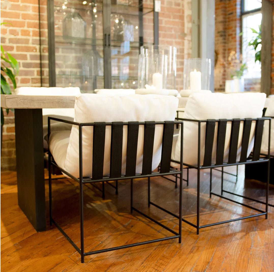 ‘Brooks’ Hammock Style Dining Chair w/White Cushion (Black Iron) - EcoLuxe Furnishings
