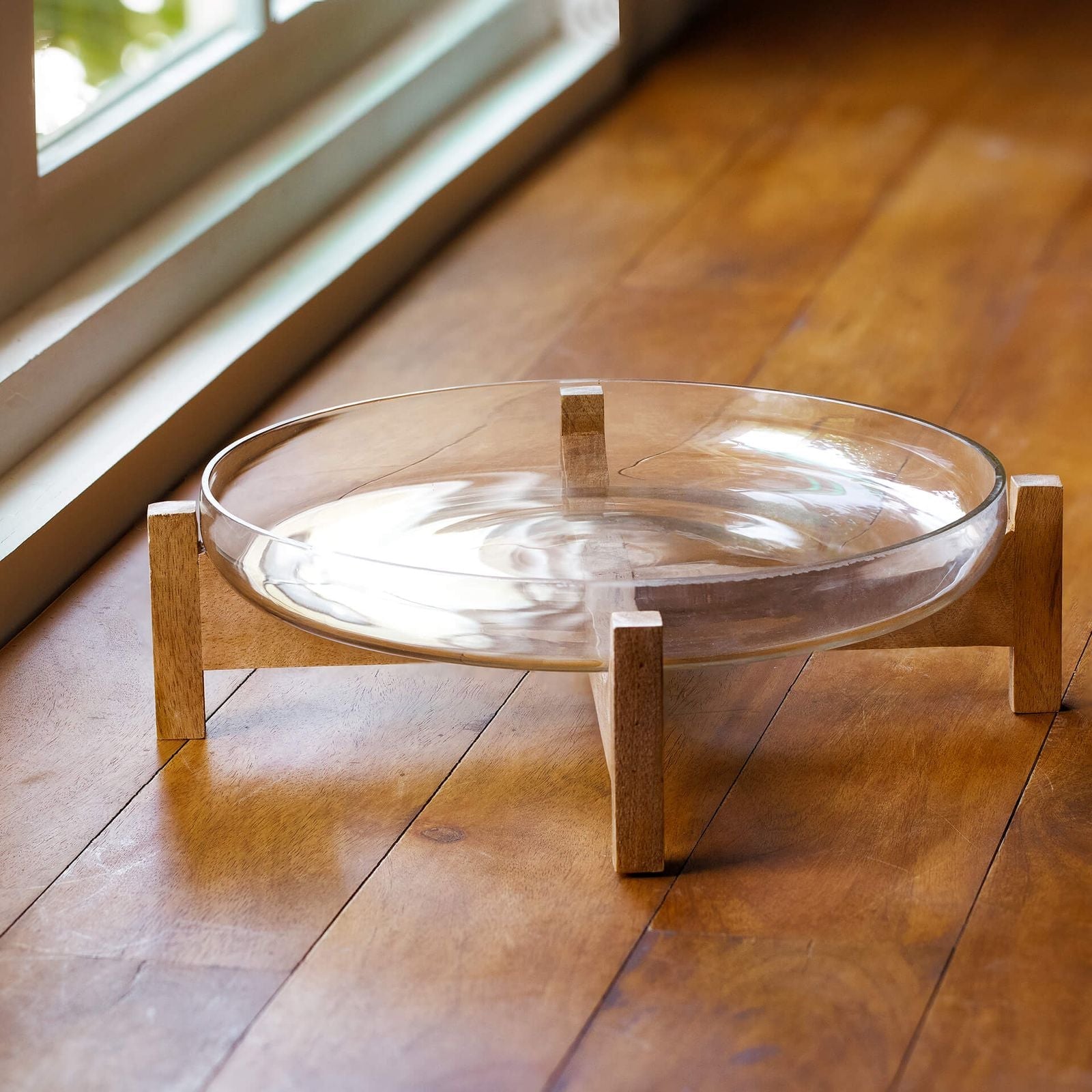 Clear Glass Bowl w/Wooden Stand - EcoLuxe Furnishings