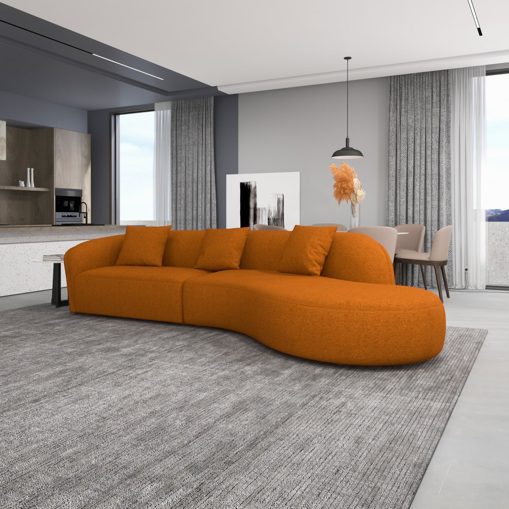 ‘Elijah’ Japandi Style Curvy Sectional Sofa (Burnt Orange Boucle) - EcoLuxe Furnishings