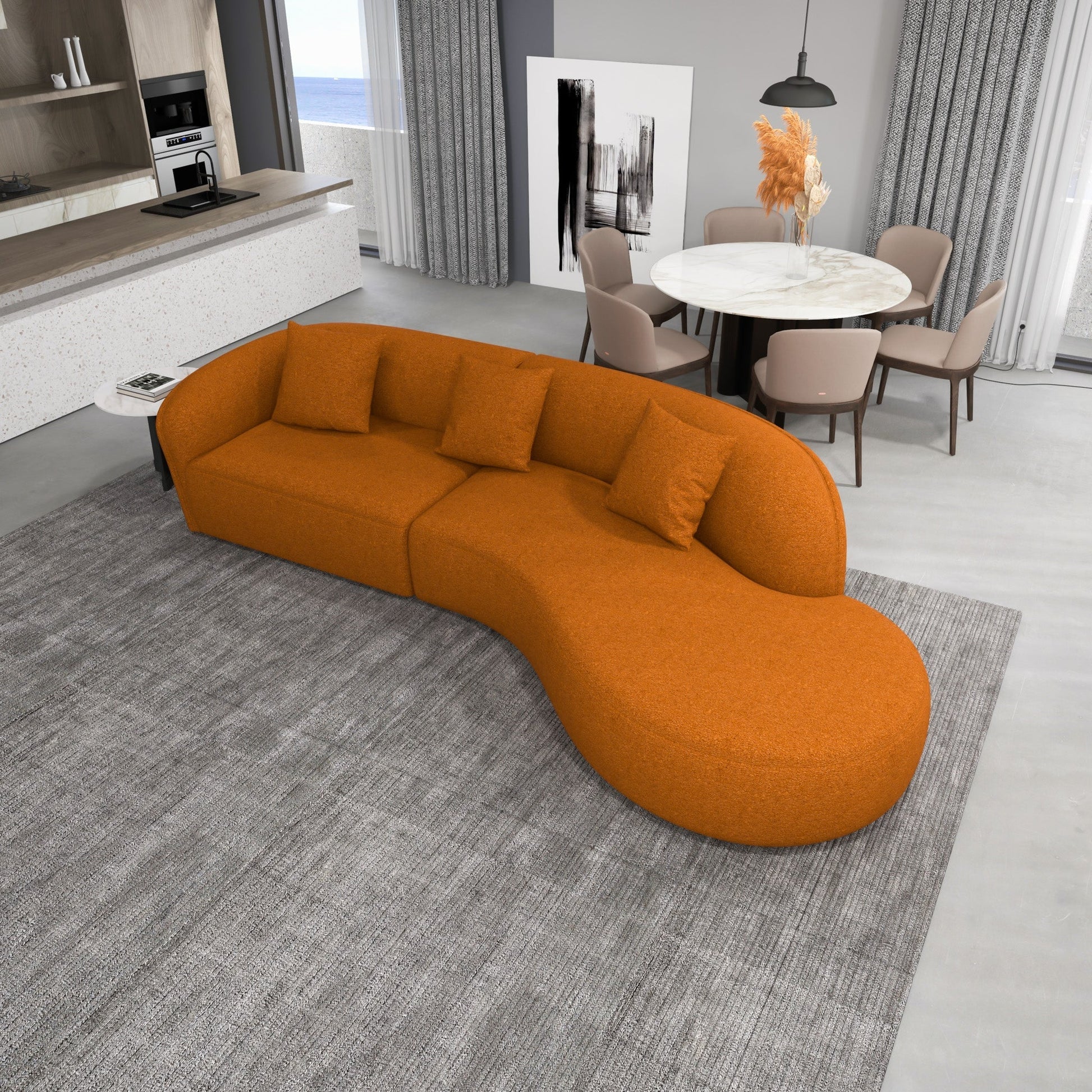 ‘Elijah’ Japandi Style Curvy Sectional Sofa (Burnt Orange Boucle) - EcoLuxe Furnishings
