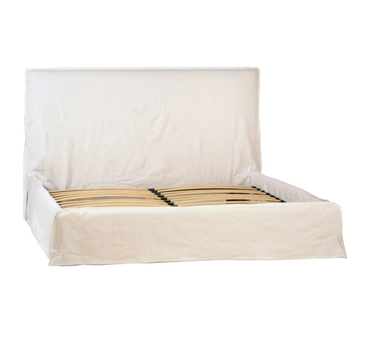 ‘Jayla’ Linen Upholstered Slipcover Style Platform Panel Bed, Queen (Ivory) - EcoLuxe Furnishings