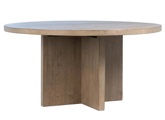‘Landon’ Round Reclaimed Pine Dining Table w/Cross Base, 60" (Warm Wash) - EcoLuxe Furnishings