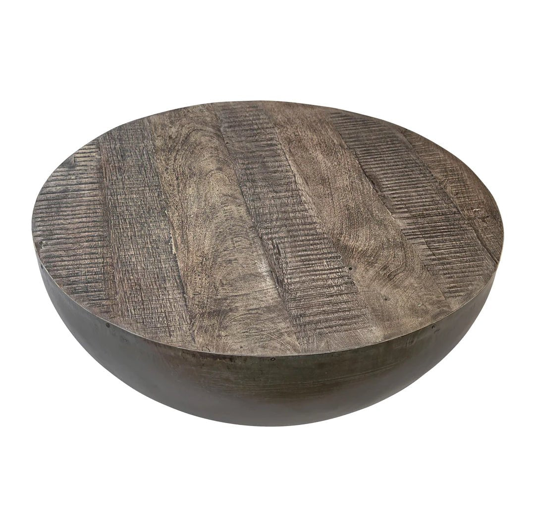 ‘Lucia’ Reclaimed Teak + Iron Round Drum Style Coffee Table, 35" - EcoLuxe Furnishings