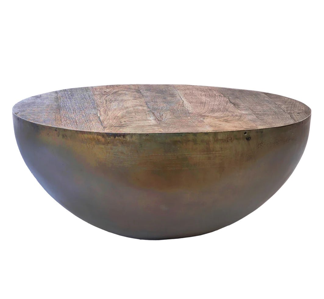 ‘Lucia’ Reclaimed Teak + Iron Round Drum Style Coffee Table, 35" - EcoLuxe Furnishings