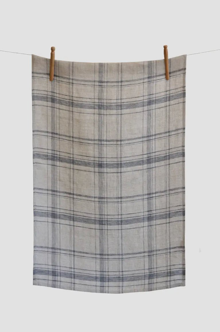 ‘Maine’ Linen Tea Towels (Pewter w/Natural Plaid) - EcoLuxe Furnishings