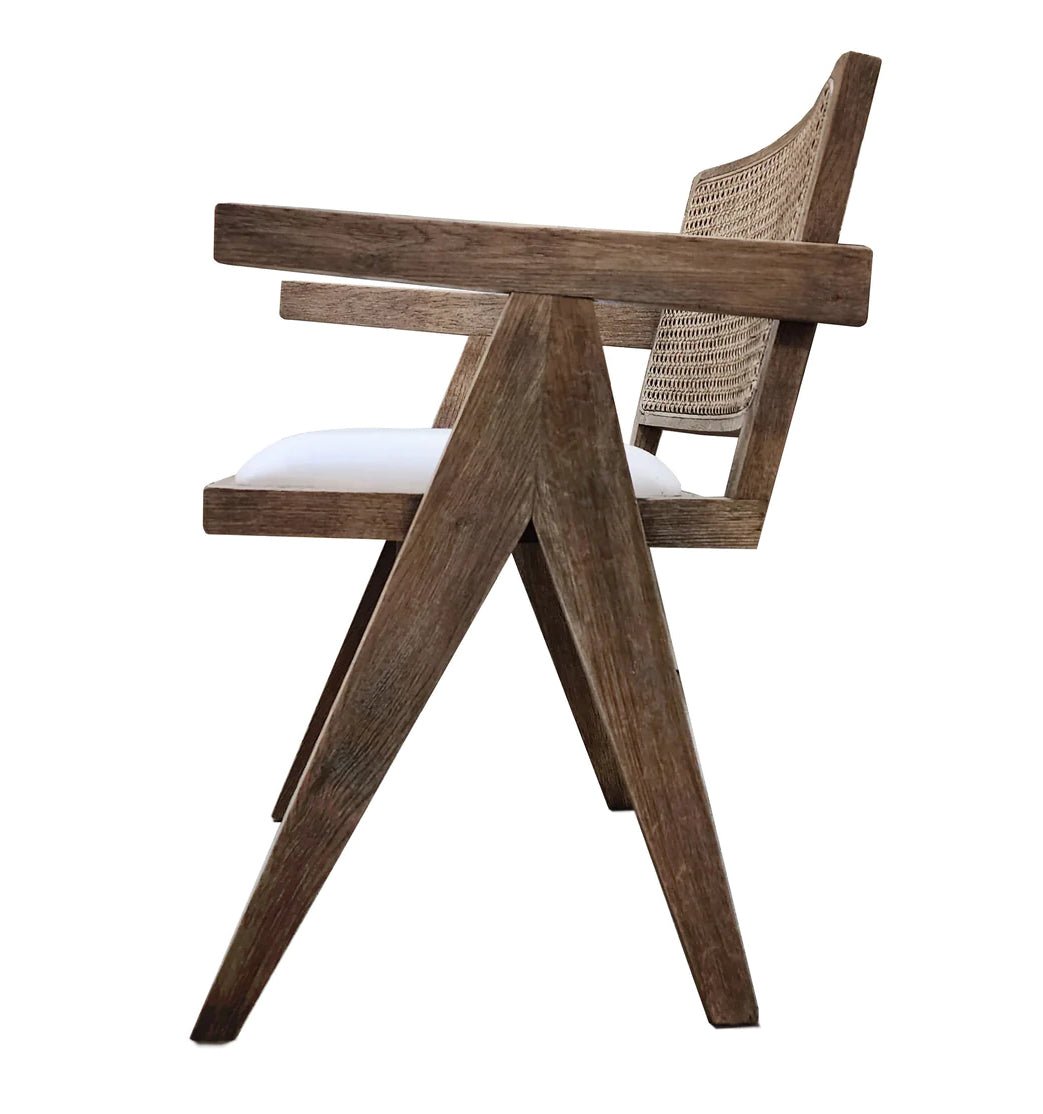 ‘Malachi’ Grey Wash Oak + Natural Rattan Dining Arm Chair w/White Linen Upholstered Seat - EcoLuxe Furnishings