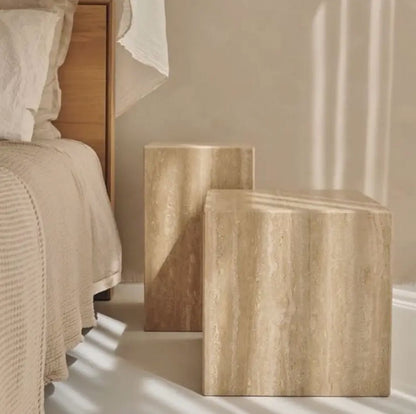 ‘Manarola’ Cube End Table/Nightstand (Natural Travertine) - EcoLuxe Furnishings