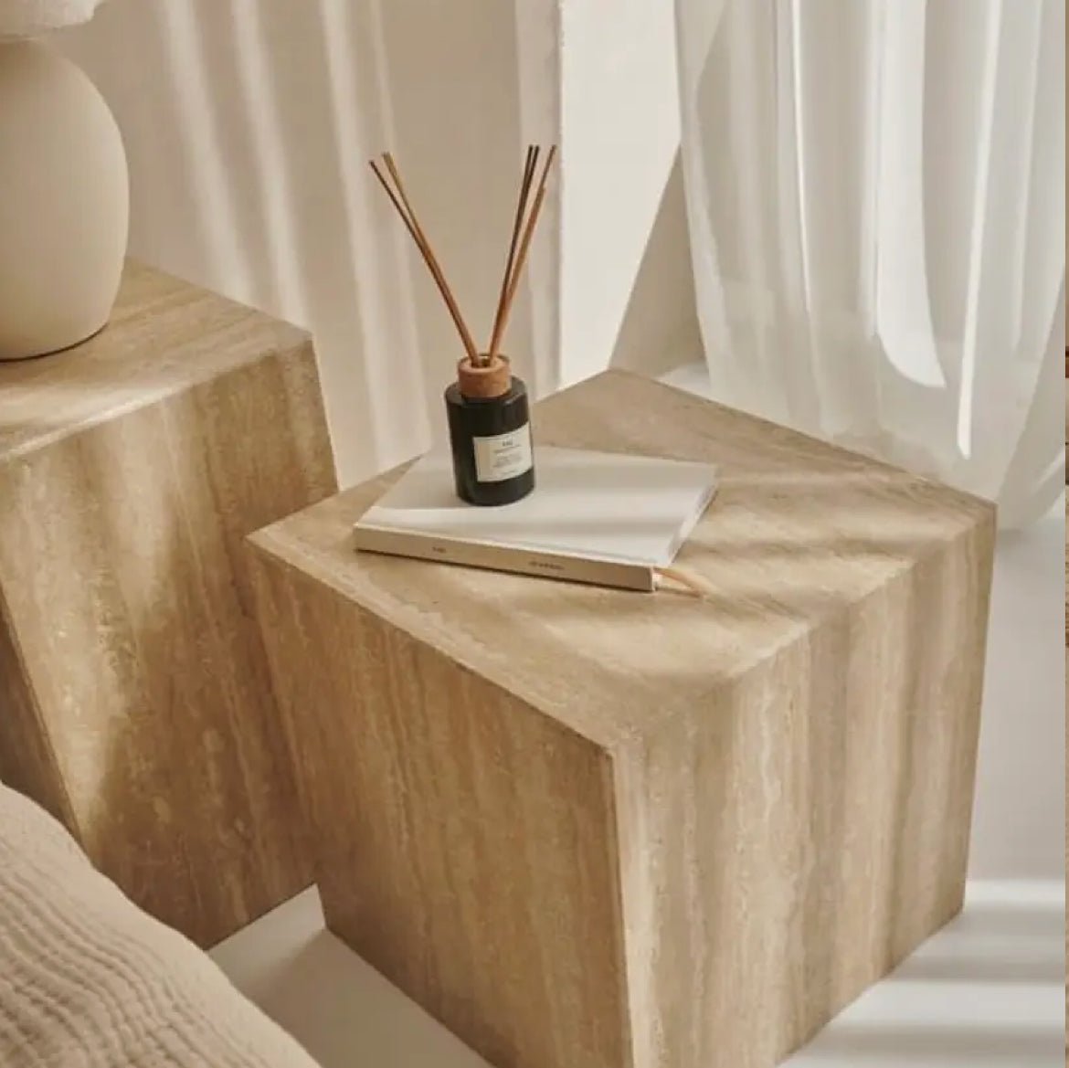 ‘Manarola’ Cube End Table/Nightstand (Natural Travertine) - EcoLuxe Furnishings