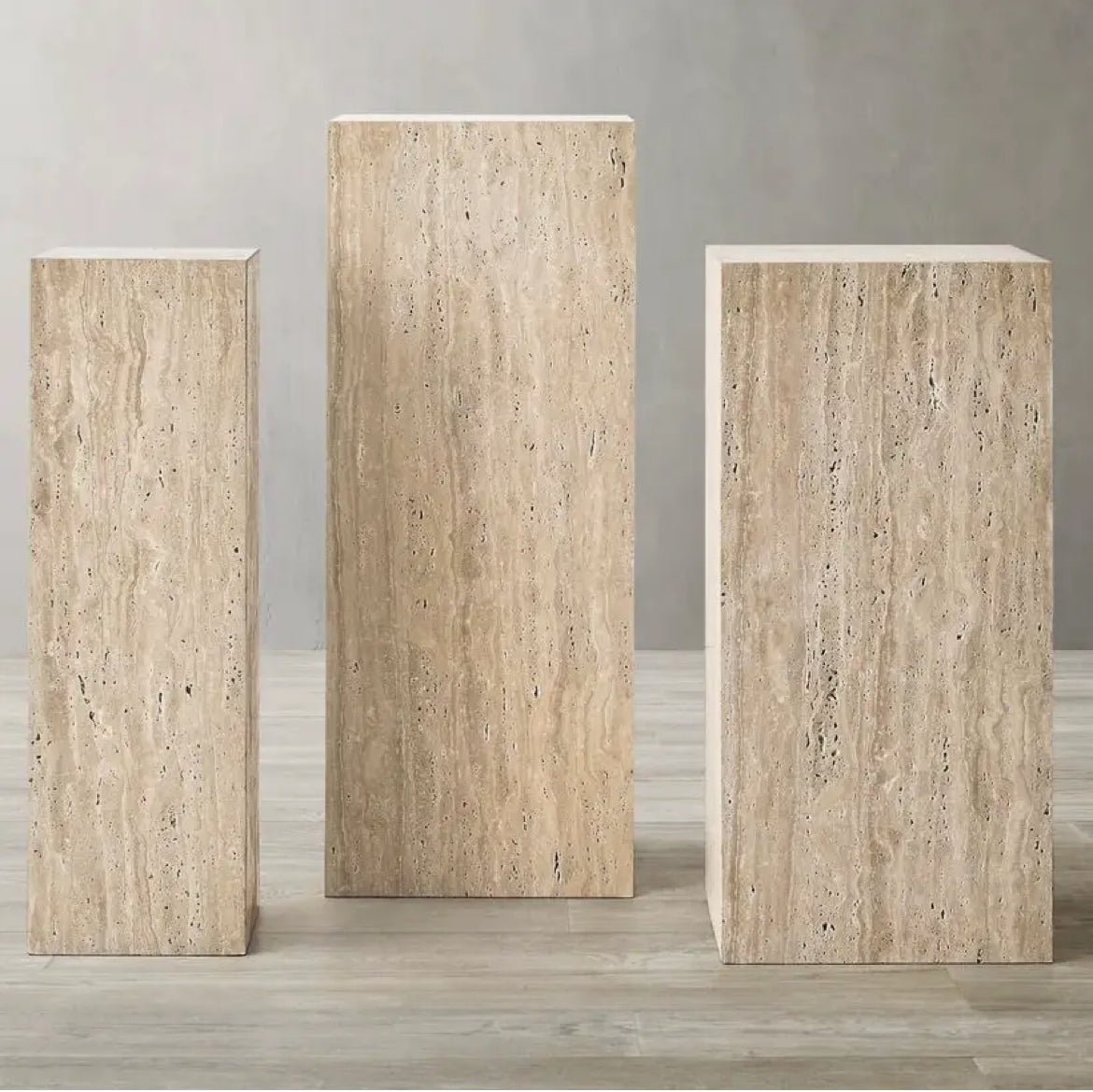 ‘Manarola Pedestal Display Table (Natural Stone Travertine) - EcoLuxe Furnishings