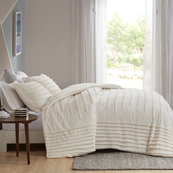 ‘Mercer’ 3-Piece Cotton Chenille Comforter Set, Full/Queen (Ivory) - EcoLuxe Furnishings