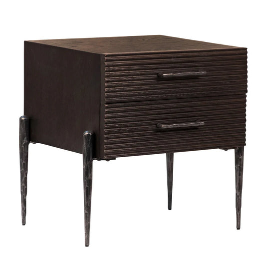 ‘Meryl’ Modern 2-Drawer Side Table (Antique Black Oak + Forged Iron) - EcoLuxe Furnishings