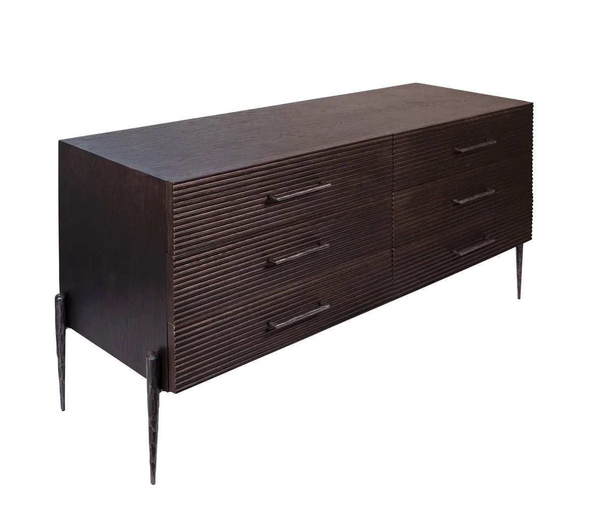 ‘Meryl’ Modern 6-Drawer Dresser (Antique Black Oak + Forged Iron) - EcoLuxe Furnishings