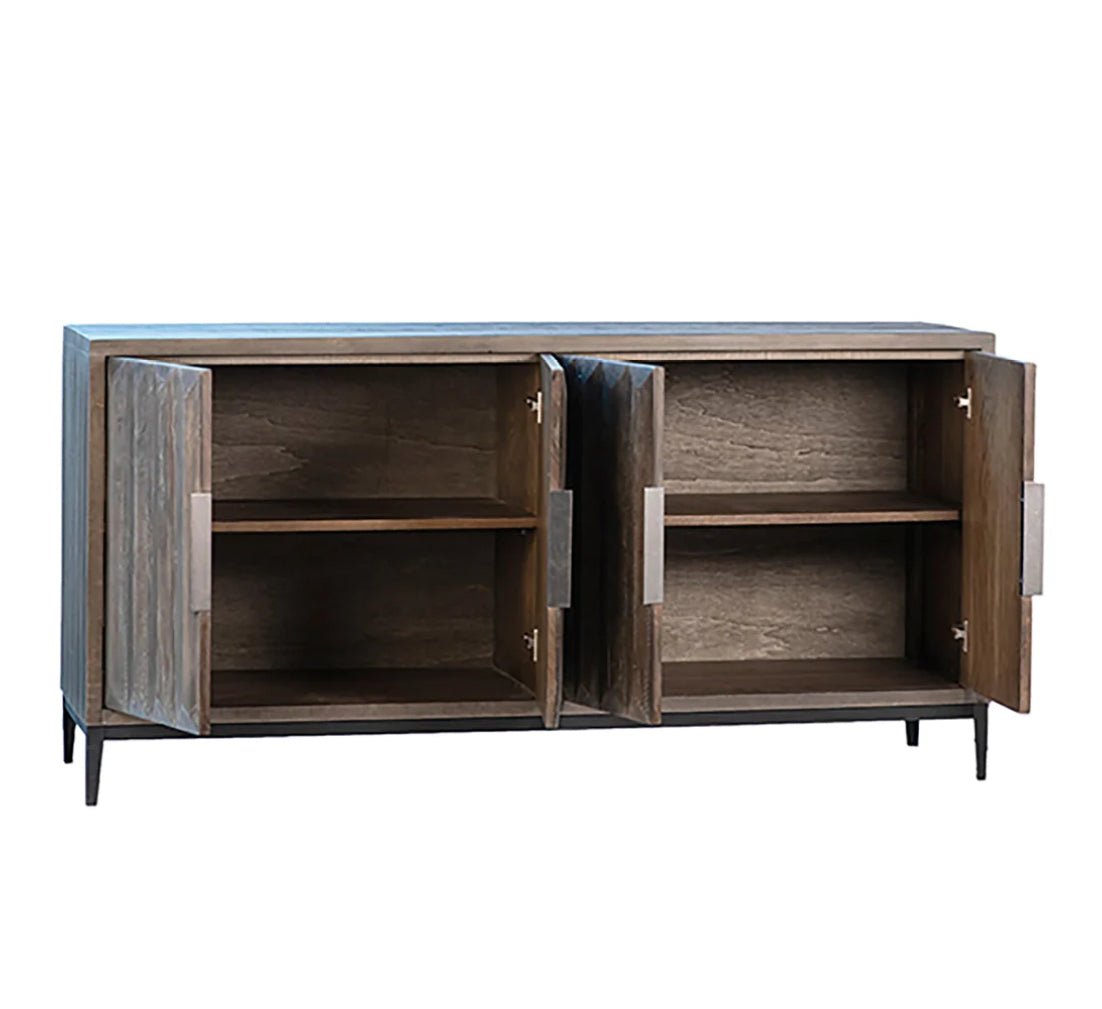 ‘Nora’ Reclaimed Oak 4-Door Sideboard with Matte Black Iron Feet, 68" (Antique Dark Brown) - EcoLuxe Furnishings