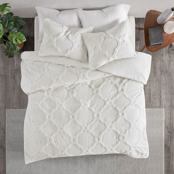 ‘Pacey’ 3 Piece Tufted Cotton Chenille Geometric Comforter Set, Full/Queen (Off-White) - EcoLuxe Furnishings