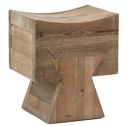 ‘Rosalie’ Reclaimed Pine Dovetail Block Stool w/Curved Seat (Natural Finish) - EcoLuxe Furnishings