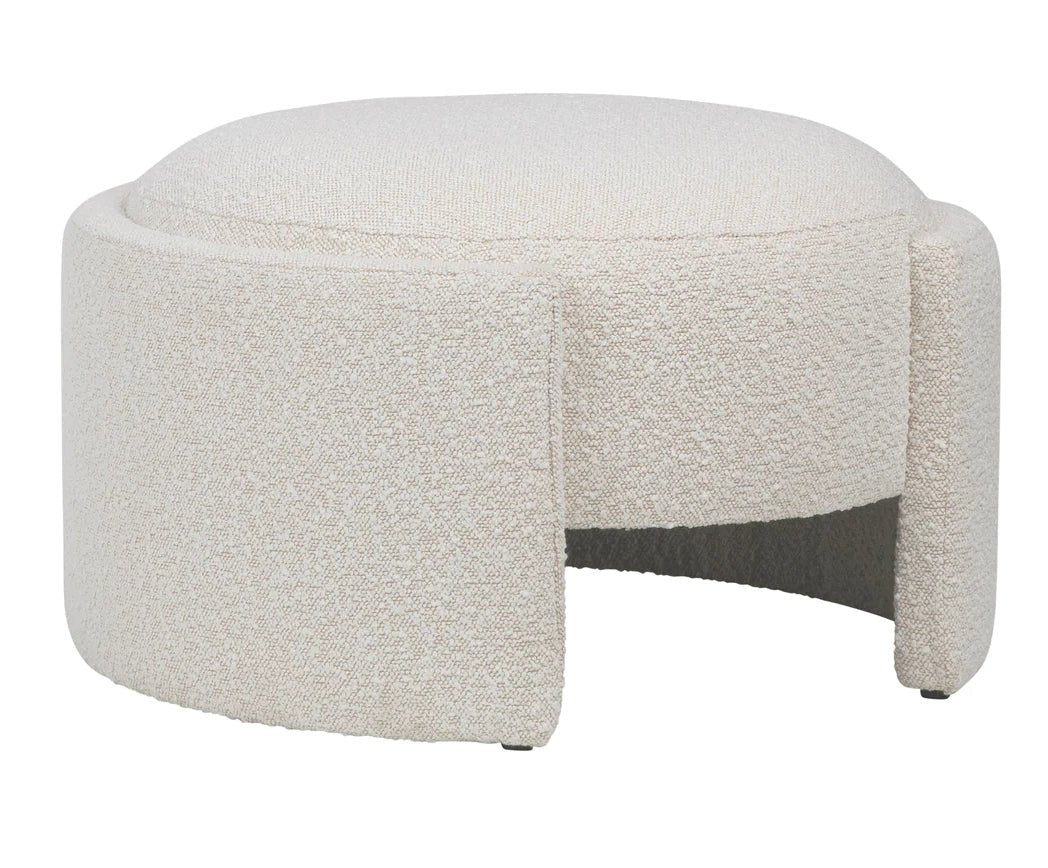 ‘Shawn’ Boucle Round Ottoman w/Raised Foot (Off-White) - EcoLuxe Furnishings
