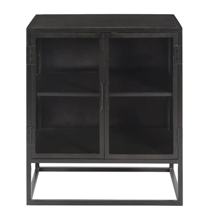 ‘Valentina’ 2-Door Storage Side Table w/Glass Shelving, 26" (Gunmetal Iron + Glass) - EcoLuxe Furnishings